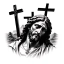 Jesus face looking down , very realistic and 3 crosses on Calvary hill behind tattoo design idea