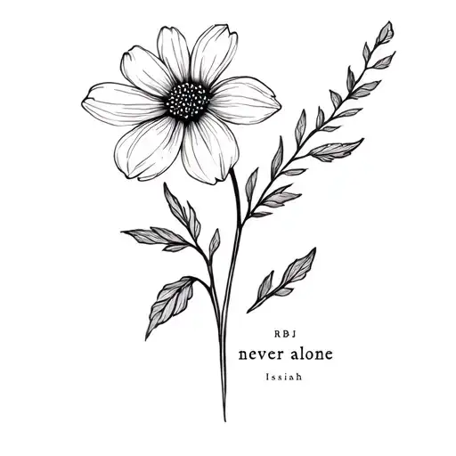 A flower with a stem that says "never alone." The initials RBJ and "Isaiah" written underneath tattoo design idea