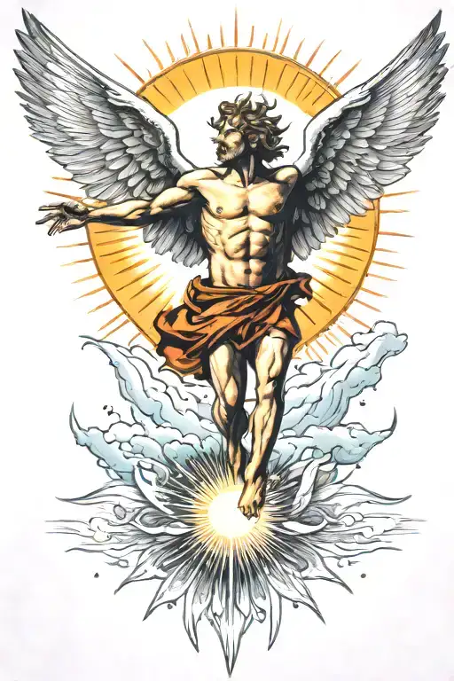 icarus falling from the sky with the sun in backround tattoo design idea