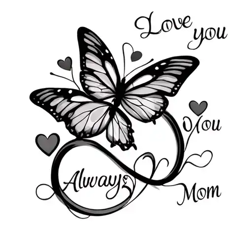 infinity symbol with 3 butterflies  and 5 hearts "Love you Always Mom" tattoo design idea