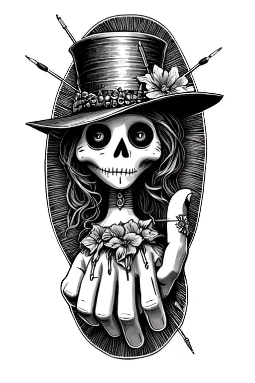 voodoo doll with cylinder hat and needles on his own hand tattoo design idea