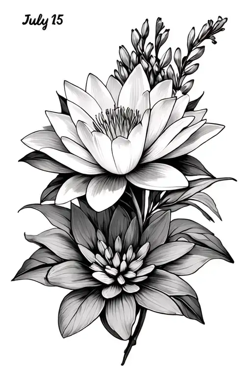 "July 15" waterlily and larkspur flower tattoo design idea
