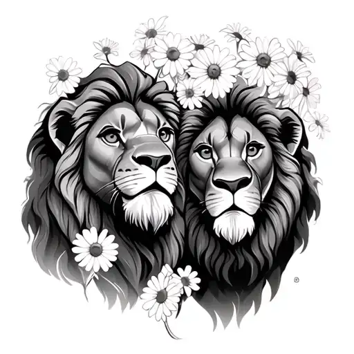 Mufasa and Simba with daisy flowers tattoo design idea