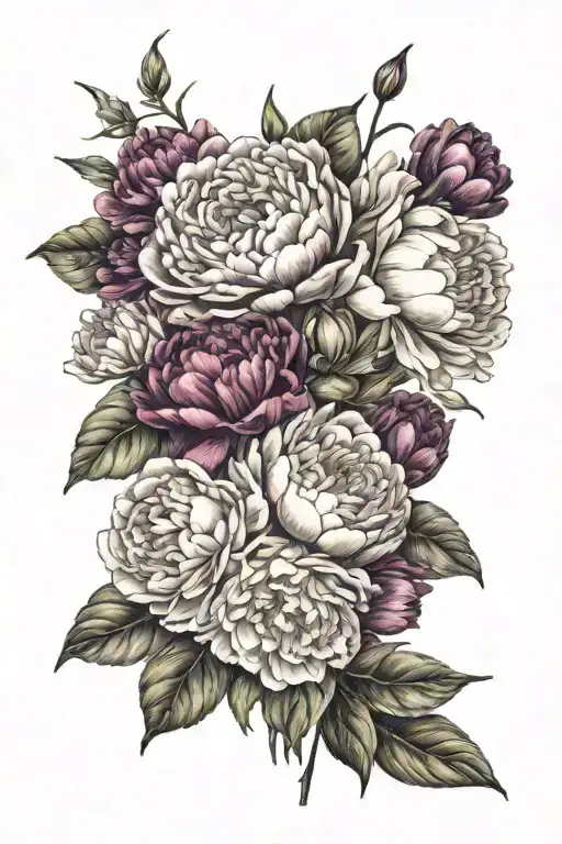 peony, waterlily,pansy,carnation,daisy, narcissus flower bouquet tattoo design idea