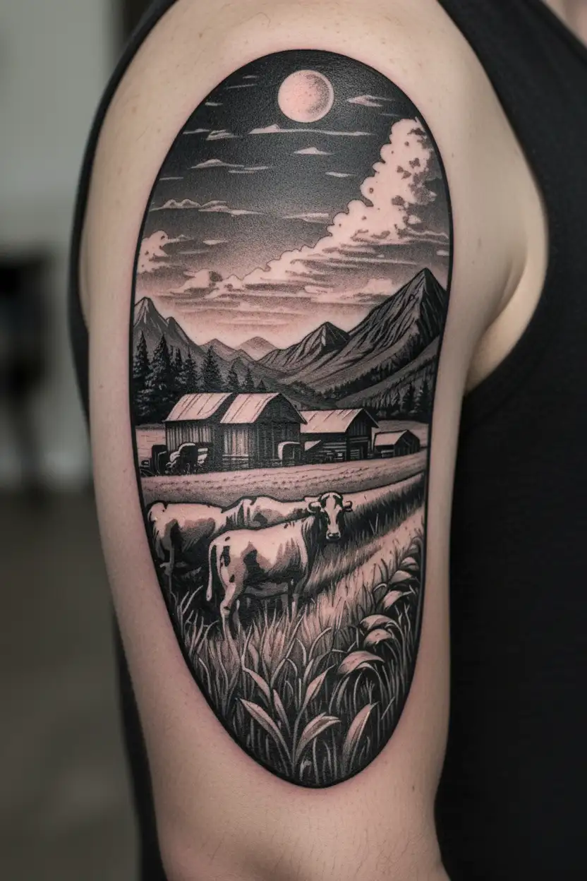 farm with mountains in the back ground tattoo design idea