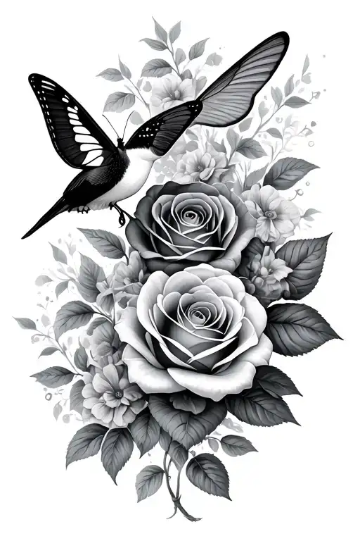 butterfly hummingbird roses tattoo design idea