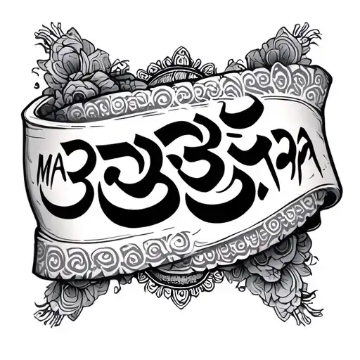 armband with Om Mani padme hum + roman dob date + "maa" "bapa" script in oriya tattoo design idea