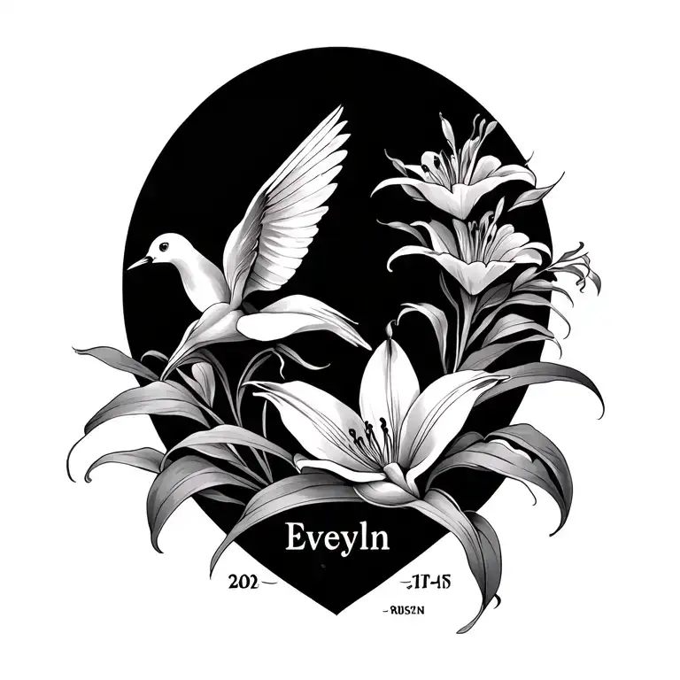 Shoulder shaped tattoo of lilies and birds of paradise flowers with the name Eveyln underneath a romen numeral date tattoo design idea