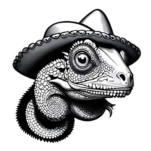chameleon with mustache and sonbrero tattoo design idea