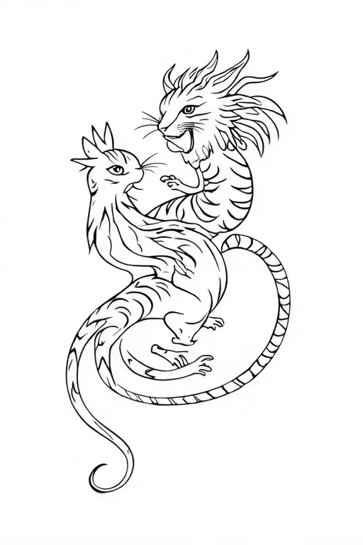 rooster ox dragon do rat tiger cat playing together tattoo design idea
