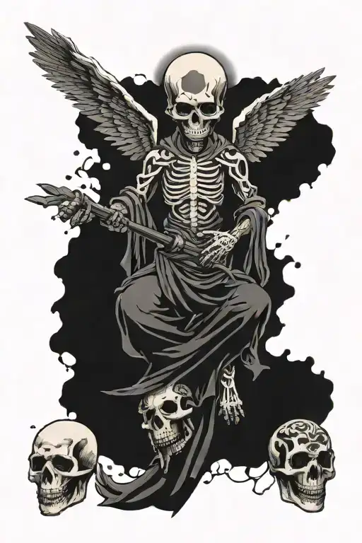 angel and 3 skull below, dark and intense tattoo design idea