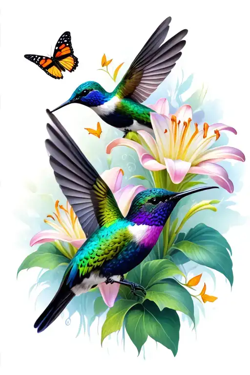 hummingbirds with lily flowers and small butterflies  tattoo design idea