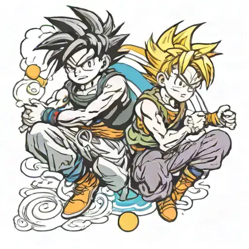 Goten and Trunks, children of Dragon Ball Z, in the fusion position, colorful Californian tattoo style LGBT tattoo design idea