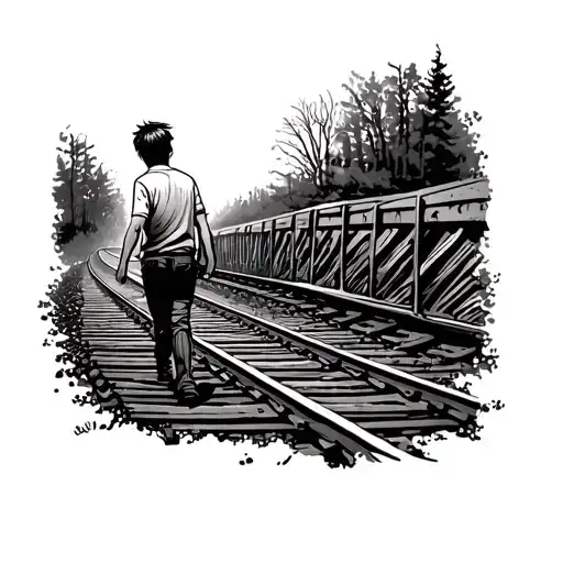 a boy walking down the railroad track tattoo design idea