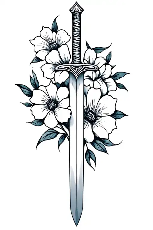sword and flowers fineline tattoo design idea