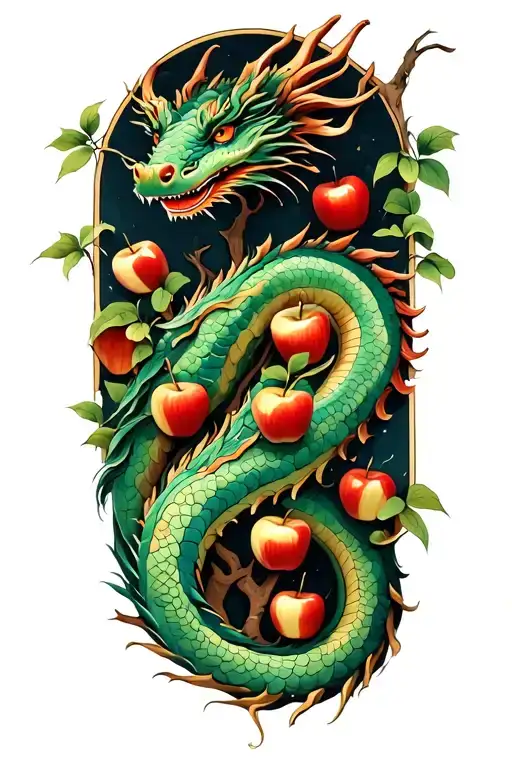 a dragon is coiled around the garden of eden tree with apples tattoo design idea