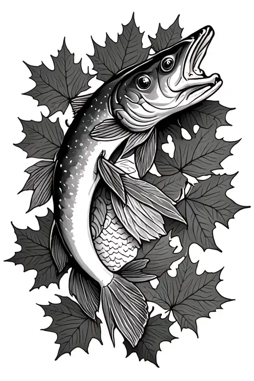 northern pike with perch and maple leaves  tattoo design idea