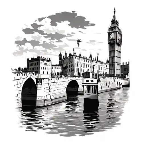 Create a tattoo that incorporates water, portgual palace, Dubrovnik city wall, and big ben tower in london.  tattoo design idea