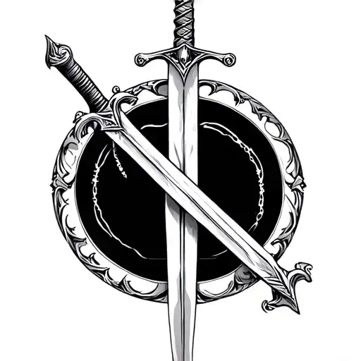 "I want a vertical forearm tattoo showing a thin medieval sword. The sword's cross-guard transforms into a balance scale tattoo design idea