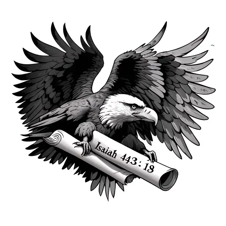 realism eagle soaring holding a scroll saying isaiah 43:18 19 with an illusion of an angel in the wings  tattoo design idea