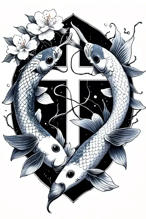fine line cross with two koi fish and cherry blossoms.  tattoo design idea