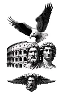 roman colleseum with marcus aurelius face next to it. roman amird eagle above smd roman vae below, geometric style tattoo design idea