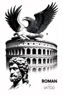 roman colleseum with marcus aurelius face next to it. roman amird eagle above smd roman vae below, geometric style tattoo design idea