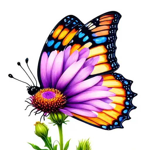 butterfly kade with aster flower tattoo design idea