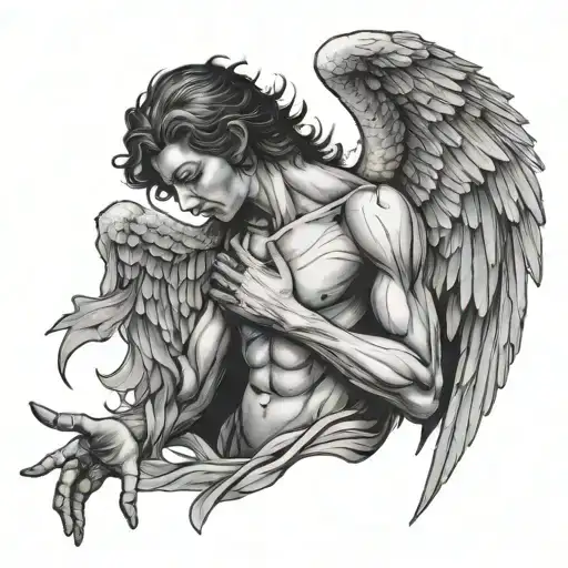 angel with broken wings looking at his claws tattoo design idea