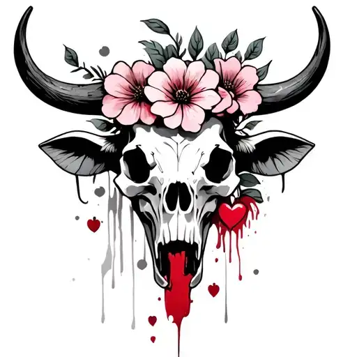 A male cow skull with a bleeding heart, flowers and moon flowers all over the skull and the horns in one big flower in t tattoo design idea