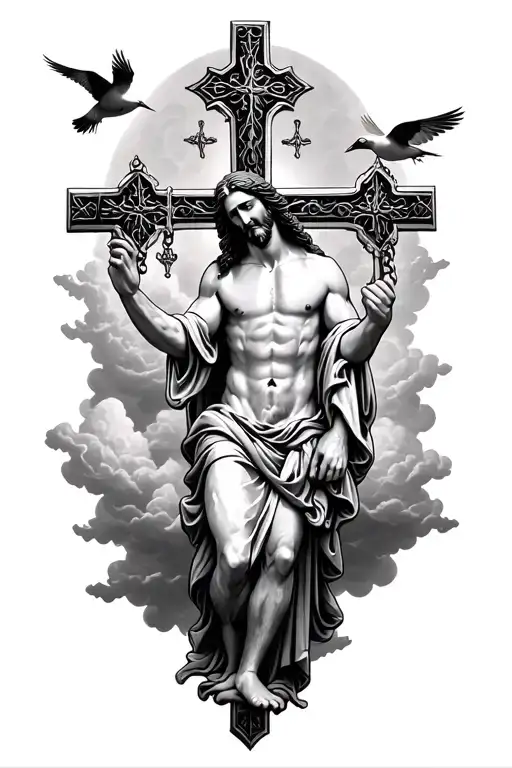 Cross necklace around Jesus and birds flying around the clouds surrounding him tattoo design idea
