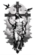 Cross necklace around Jesus and birds flying around the clouds surrounding him tattoo design idea