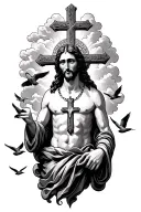 Cross necklace around Jesus and birds flying around the clouds surrounding him tattoo design idea