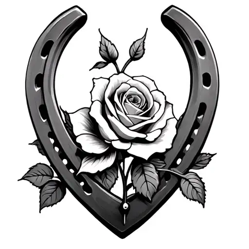heart shaped horse shoe with rosebud centrally overlaid tattoo design idea