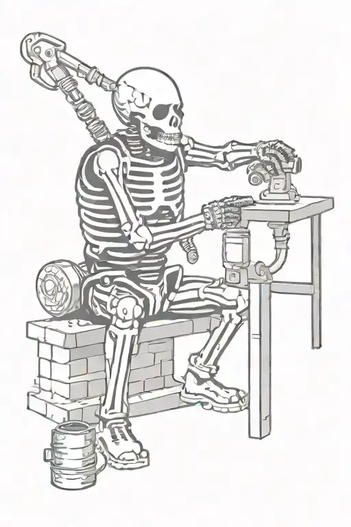 A skeleton is welding a pipe with a welding machine while wearing a welding mask while squatting, and a brick falls on his head tattoo design idea