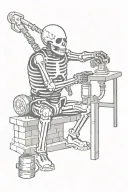A skeleton is welding a pipe with a welding machine while wearing a welding mask while squatting, and a brick falls on his head tattoo design idea