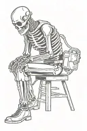 A skeleton is welding a pipe with a welding machine while wearing a welding mask while squatting, and a brick falls on his head tattoo design idea