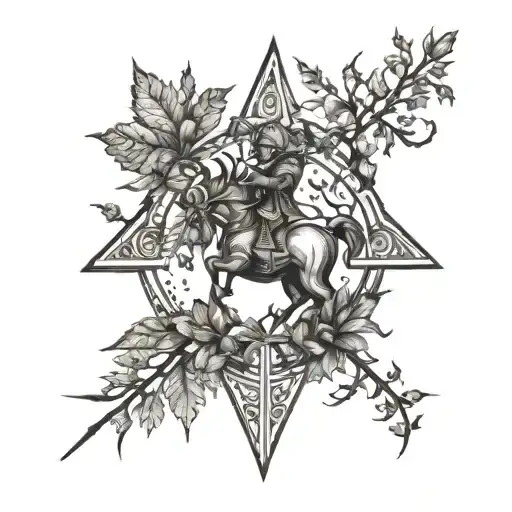 A blackwork tattoo of a Sagittarius symbol with fall foliage tattoo design idea