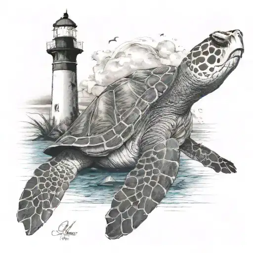 lighthouse and sea turtle tattoo design idea