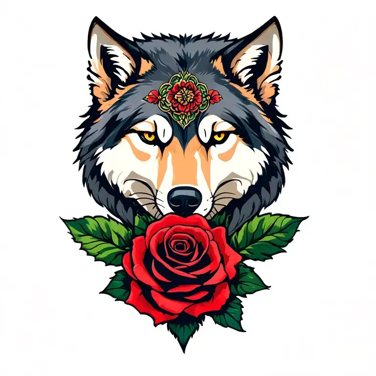 chicano wolf and rose intertwined tattoo design idea