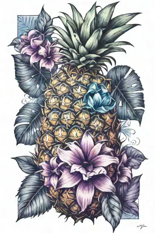 upside-down pineapple blue and purple tattoo design idea