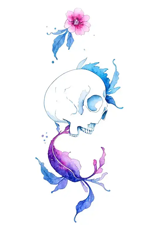 Design a pisces water color tattoo thats minimalistic that incorporates a skull also make it floral with pisces birth fl tattoo design idea