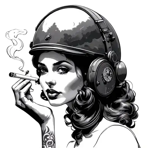 Aviation Woman smoking cigarette tattoo design idea