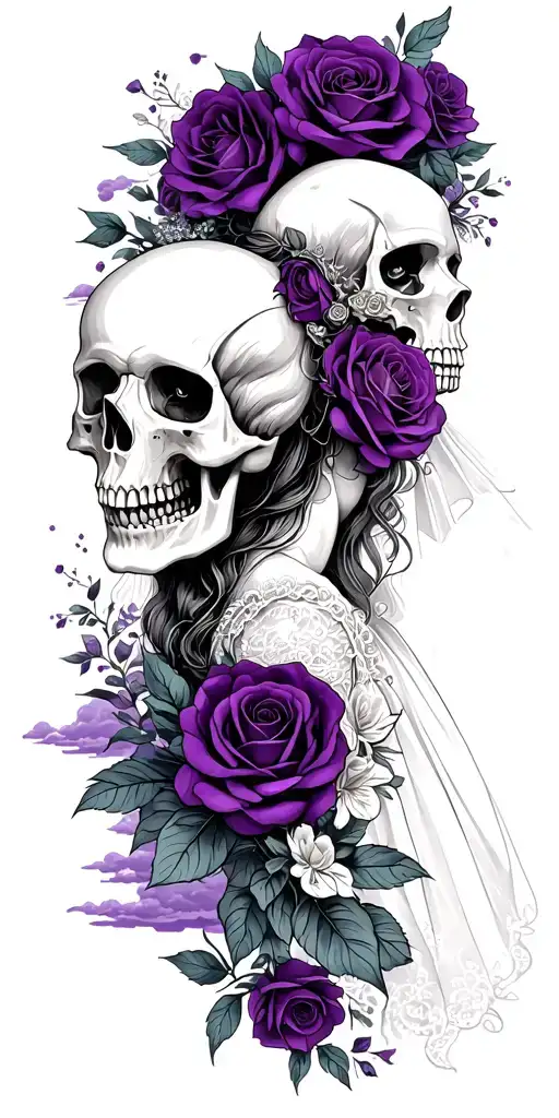 A bride and groom skulls with a backdrop of dark purple roses and purple clouds surrounding the tattoo tattoo design idea