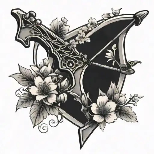 Crossbow and arrow design with Japanese cherry blossoms tattoo design idea