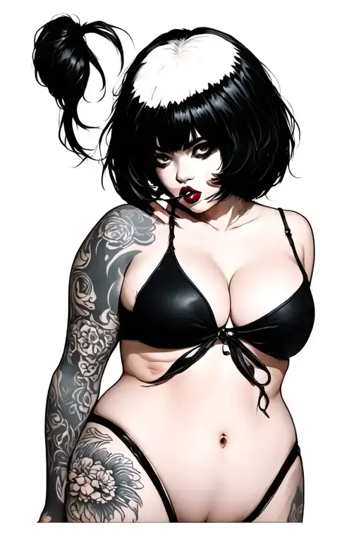 A black-haired girl in a booty pose, dressed sexily, with a melancholic yet sexy gaze, one finger on her lips, one or tw tattoo design idea