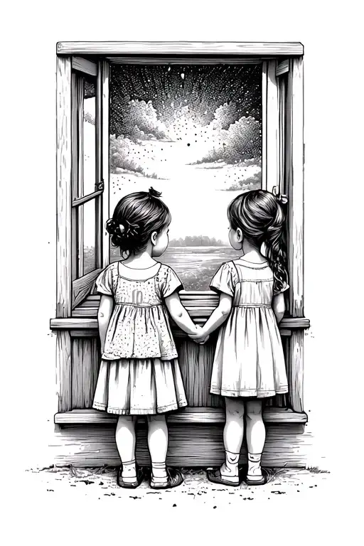 two little female children standing in front of a window looking int the distance tattoo design idea