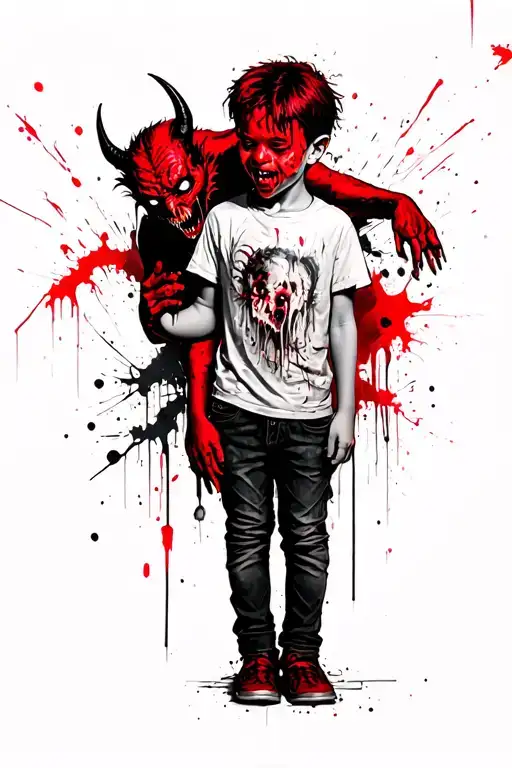 a boy standing with a scary demon grabbing him from behind tattoo design idea