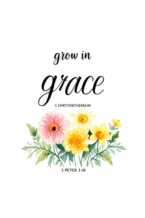 says "grow in grace - 2 peter 3:18" that includes a chrysanthemum, a daffodil, a marigold, and a primrose tattoo design idea