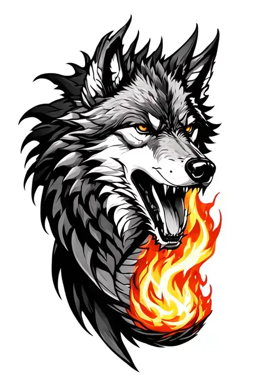 wolf with fire breathing dragon tattoo design idea